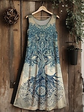 billige Boho-kjoler-dame livets tre merkabah midikjole sommerkjole A-linjekjole ferie avslappet bohemsk bryllupsfest ute standard passform blomsterprint grafisk blad ermeløs U-hals blå mørkegrønn lilla grønn sommer