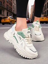 お買い得  レディーススニーカー-レディースのチャンキーな白と緑のスニーカー - 通気性のあるメッシュのレースアッププラットフォームトレーナー、ウォーキング、旅行、ストリートウェアに最適なカジュアルスポーツランニングシューズ