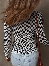 preiswerte Damen Streifen- und geometrische Oberteile-Damen Bluse Karomuster Stilvoll Lässig Langarm Rundhalsausschnitt Normale Oberteile Täglich Druck Schwarz Rosa Aprikose Sommer Frühling Herbst
