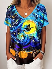 billige Kunst &amp; Design t-skjorte-Halloween Dame T skjorte Grafisk Abstrakt Årgang Fritid Kortermet V-hals Vanlige topper Daglig Helg Ferieklær Trykt mønster Blå Oransje Grønn Sommer Høst