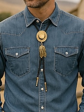 abordables Cravates et nœuds papillon pour hommes-Collier en cuir avec pendentif en forme de plume et chapeau de cowboy western pour homme, idéal pour un rodéo, une soirée champêtre ou une tenue en jean.