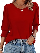 abordables Hauts Unis pour Femmes-Femmes Chemisier Couleur Unie Élégant Occasionnel Manche 3/4 Col ras du cou Hauts Réguliers Quotidien Noir Blanche Rouge Bleu Été Printemps Automne