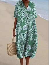 abordables Robes fleuries-Femmes Robe Midi Robe d&#039;Été Robe trapèze Vacances Occasionnel Chaussures de plage Soirée Sortir Plage Coupe Ample Fleuri Graphique Feuille Manche Courte Col en V Vert foncé Vert Été Printemps