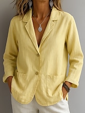 cheap Shirts-Women&#039;s Cotton Linen Blazer Solid Color Stylish Basic Casual Long Sleeve Shirt Collar Regular Tops Work Daily Buttons White Yellow Summer