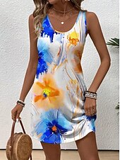 preiswerte Blumenkleider-Damen Minikleid Sommerkleid A Linie Kleid Urlaub Lässig Hochzeit Heim Party Normale Passform Blumen Grafik Blatt Ärmellos U-Ausschnitt Blau Sommer Frühling
