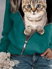 お買い得  動物のトップ-女性用 プルオーバースウェットシャツ フーディーズ グラフィック 動物 猫 ファッション カジュアル 長袖 クルーネック ラウンドネック レギュラートップス ストリート 日常着 プリント ダークグリーン 春 秋 冬