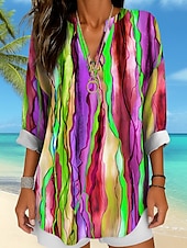 cheap Stripe&amp;Geometric Tops-Women&#039;s Shirt Cotton Linen Shirt Blouse Ombre Graphic Geometric Daily Hawaiian Business Long Sleeve V Neck Regular Tops Work Daily Holiday Buttons Print Black And White Yellow Red Purple Green Summer