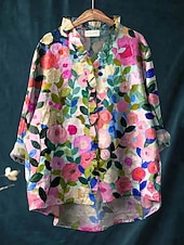 tanie Kwiatowe bluzki-Damskie Koszula Boho Falbana Kwiaty Graficzny Bohema Zabytkowe Elegancki Długi rękaw Zwykłe topy Codzienny Święto Szałwiowy Rumiany róż Brudny róż Fioletowy Fuksja Lato Wiosna Jesień