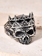 preiswerte Herrenschmuck-Herrenring aus Edelstahl mit Totenkopf und Krone – Gothic-Punk-Stil, robustes Heavy-Metal-Design, ideal für Halloween-Partys, Cosplay und Rockkonzerte