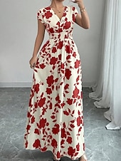 tanie Sukienki kwiatowe-Damskie Sukienka maxi Sukienka A line Urlop Codzienny Boho Na zewnątrz Wyjściowe Luźny / a Kwiaty Krótki rękaw W serek Czarny Czerwony Niebieski Pomarańczowy Lato