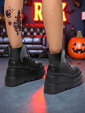 levne Pro ženy-Dámské černé lakované kotníkové boty na platformě - gotické punkové boty s patkami a šněrováním, cosplay boty na robustním podpatku na Halloween, večírky a alternativní módní outfity