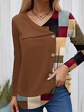 billige Stripe og geometrisk t-skjorte-Dame T skjorte Grafisk Geometrisk Mote Fritid Langermet Crew-hals Vanlige topper Daglig Lapper Knapper Trykt mønster Rød Blå Brun Grønn Vår Høst Vinter