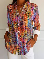 abordables Hauts d&#039;Art et de Design pour Femmes-Femmes Chemise A Ombre Graphique Élégant ancien Tropical manche longue Col de chemise Hauts Réguliers Travail Quotidien Boutons Imprimé Bleu Violet Orange Vert Été Printemps