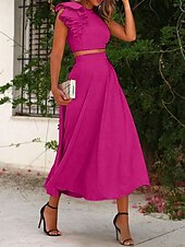 preiswerte Cocktailkleider-Strandhochzeit Zweiteilige Cocktailkleider Elegantes Kleid Abschlussfeier Verlobung knöchellang Ärmellos Juwel-Ausschnitt Herbst Hochzeitsgast Satin mit Rüschen einfarbige Kleider