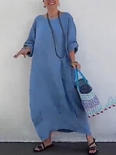 abordables concevoir des robes en coton et lin-Femmes Robe Longue Maxi Robe Robe Décontractée Mode Moderne Extérieur Vacances Fête Coupe régulière Uni manche longue Col ras du cou Blanche Jaune Rose Claire bleu marine Automne