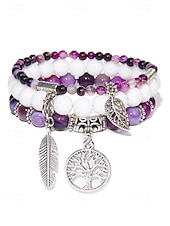 economico Bracciale da donna-Set di bracciali da donna in stile boho con perline turchesi, con ciondolo a forma di albero della vita e piuma, elastico, perline in pietra naturale, adatti per abbigliamento casual, feste e regali.