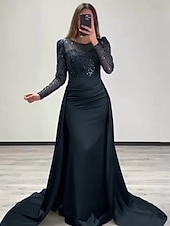 economico Champagne-Abito da sera sirena in paillettes abito in satin champagne arricciato maniche lunghe masquerade lunghezza fino al pavimento scollo illusion con perle gonna sovrapposta