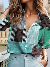 voordelige Dames Strepen &amp; Geometrische Tops-Dames Shirt Button Down Blouse Ruit Stijlvolle Casual Lange Mouwen Shirt Button Down Blouse Kraag Reguliere Tops Dagelijks Knopen Print Rood Blauw Groen Khaki Zomer Lente