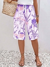 お買い得  グラフィックショート-女性用 スウェットパンツ チノパン ショーツ 旅行度假风 カジュアル 膝丈 ハイウエスト フラワー ポケット 弾性ウエストバンド プリント 快適 ソフト マイクロエラスティック アウトドア ストリート ホワイト ブルー パープル グレー 夏 春 レギュラー