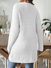 billige Cardigans og yttertøy-Dame Genser Kofte Mote Gatemote Daglig Helfarge Riflet Åpen Forside Lomme Strikket Langermet Lange topper Strikke Ferie Ut på byen Helg Svart Hvit Høst Vinter
