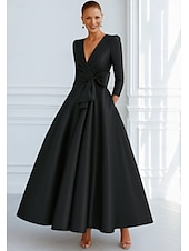 preiswerte Abendkleider-Bind A-Linien Abendkleid Elegantes Kleid Formelle Hochzeitsgast Boden Länge 3/4 Länge Ärmel V-Ausschnitt Tasche Stretch Satin mit Schleife(n)