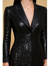 cheap BLACK-Black Tuxedo Dress A-Line Evening Gown Blazer Dress Formal Wedding Floor Length Long Sleeve V Neck Satin Peak Lapel with Stretch Sequin 2025