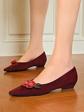 abordables Sandalias planas de mujer-Bailarinas de ante burdeos para mujer: diseño de rosas bordadas con flores, elegantes zapatos sin cordones con punta puntiaguda para salidas informales, fiestas en el jardín y citas románticas.