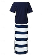 ieftine Rochie cu dungi și geometrică-Pentru femei Set de rochii Rochii Tricou Casual Dunga Cordon Imprimeu Rochie Maxi Manșon scurt De Pe Umăr În aer liber Zilnic Alb Albastru piscină Vară Primăvară Fit regulat
