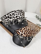 baratos Acessórios fashions-Boné militar feminino com estampa de leopardo para Halloween – chapéu gótico punk de couro sintético com pontas e tachas de aranha, acessório para festa à fantasia e cosplay para uma noite assustadora