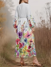 abordables Robe Fleurie-Femmes Robe Midi Robe Décontractée Mousseline de Soie Robe évasée Moderne Vacances Quotidien Week-end Coupe régulière Fleuri manche longue Col en V Blanche Bleu Bleu clair Été Printemps Automne