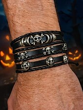 billige Menns smykker-Sett med armbånd i skinn med hodeskalle-anheng for menn – justerbart punk-armbånd i ekte skinn til halloween-fest, cosplay og rockekonserter