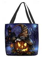 abordables Sacs-Sac fourre-tout pour femme imprimé citrouille et chat d&#039;Halloween par Sarah Richter – grand sac à bandoulière réutilisable en polyester avec poche zippée pour les achats et les fêtes de fin d&#039;année