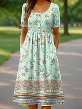 abordables Robe Fleurie-Femmes Robe Midi Robe Tricot Robe Décontractée Robe d&#039;Été Robe trapèze Vacances Occasionnel Chaussures de plage Fête Coupe Ample Fleuri Graphique Manche Courte Col ras du cou Blanche Rose Claire