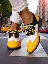 abordables Années 1950-Richelieus Oxford en cuir verni jaune pour femme – Chaussures habillées à lacets et bout golf colorblock, style vintage britannique des années 1950 pour le bureau, l&#039;école et le streetwear