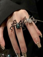 economico Accessori di Halloween-Set di anelli da donna a forma di ragno per Halloween: anelli in lega aperti regolabili con stile punk gotico, design a ragno con gemme bianche e nere per feste in maschera, cosplay e serate spettrali