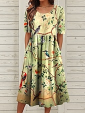 voordelige Bloemenjurk-Dames Halflange jurk Zomerjurk Geplooide jurk Vakantie Casual Feestdagen Normale pasvorm Bloemig Grafisch Halve mouw Strakke ronde hals blauw Bruin Groen Zomer Lente