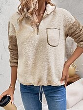 ieftine Hanorace pufoase-Pentru femei Hanorace Hanorace cu fermoar Bloc Culoare Șic Stradă Casual Sherpa Fleece Manșon Lung Gât Înalt Topuri obișnuite Stradă Concediu Ieșire Quarter Zip Kaki Iarnă