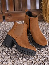 baratos Botas do Chelsea-Botas Chelsea femininas de camurça sintética – botins de salto grosso e sola de borracha para passeios de outono na fazenda, estradas rurais e colheita de abóboras