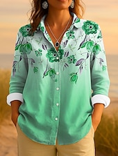 abordables Hauts d&#039;Art et de Design pour Femmes-Pâques Femmes Chemise A Ombre Fleuri Graphique Élégant ancien Tropical manche longue Col de chemise Hauts Réguliers Travail Quotidien Boutons Imprimé Rose Claire Bleu Violet Vert Été Printemps Automne