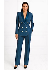 abordables Trajes de Mujer-Mujer Trajes de 2 piezas Formal Invitado a la boda Satén Elegante Minimalista Casual Manga Larga Hasta el Tobillo Solapa Redonda Botonadura Doble