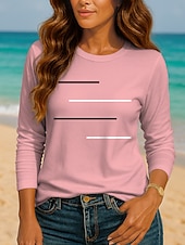olcso Csíkos és geometriai póló-Női Póló Grafika Mértani Csíkos Szüret Divat Stílusos Hosszú ujj Terített nyak Kerek Normál felsők Napi Nyomtatott Arcpír rózsaszín Rubin Medence Bíbor Barna Nyár Tavasz Ősz