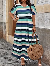 abordables Robes Rayés et Géométriques-Femmes Robe maxi Robe trapèze Occasionnel Extérieur Plage Coupe Ample Rayure Manche Courte Col en V Rose Claire Rouge Bleu Violet Été Printemps