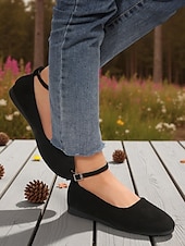 ieftine Pantofi Joși de Damă-Balerini negri de damă, din piele întoarsă artificială, cu bareta până la gleznă – balerini eleganți și casual pentru birou, plimbări zilnice și ținute de toamnă