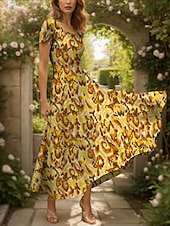 ieftine Artă și design rochii-Pentru femei Rochie Maxi Rochie casual Rochie A line Rochie de vară Elegant Vacanță Casual Fit regulat Grafic Abstract Manșon scurt Pătrat Galben Roșu-aprins Albastru piscină Mov Vară Primăvară