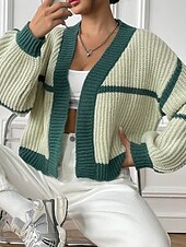 preiswerte Strickjacken und Oberbekleidung-Damen Strickjacke Mode Farbblock Gerippt Kapuze Patchwork Gestrickt Langarm Normale Oberteile Stricken Ferien Ausgehen Wochenende Schwarz Rosa Herbst