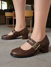 abordables Années 1950-Escarpins Mary Jane en similicuir marron pour femme – Chaussures vintage des années 1950 à talon bas et double bride à boucle, idéales au quotidien ou pour le bureau