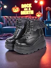 levne Pro ženy-Dámské černé lakované kotníkové boty na platformě - gotické punkové boty s patkami a šněrováním, cosplay boty na robustním podpatku na Halloween, večírky a alternativní módní outfity