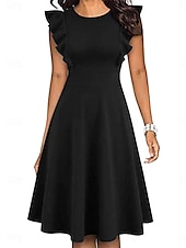 abordables Robe noire-Femmes Robe Longueur Genou Robe à Volants Robe ajustée et évasée Élégant ancien Coupe régulière Uni Manche Courte Col ras du cou Noir Été Automne