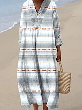 ieftine Rochii cu dungi și geometrice-Pentru femei Rochii Midi Rochie de Vară Rochie A line Vacanță Casual Boho Petrecere Plajă Potrivire Largă Grafic Geometric Manșon Lung În V Alb Albastru piscină Portocaliu Maro Vară Primăvară Toamnă