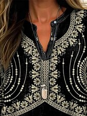 billige Boho topper-Dame Skjorte Grafisk Årgang Daglig Fritid Langermet V-hals Vanlige topper Daglig Ferie Knapper Trykt mønster Svart Vår Høst